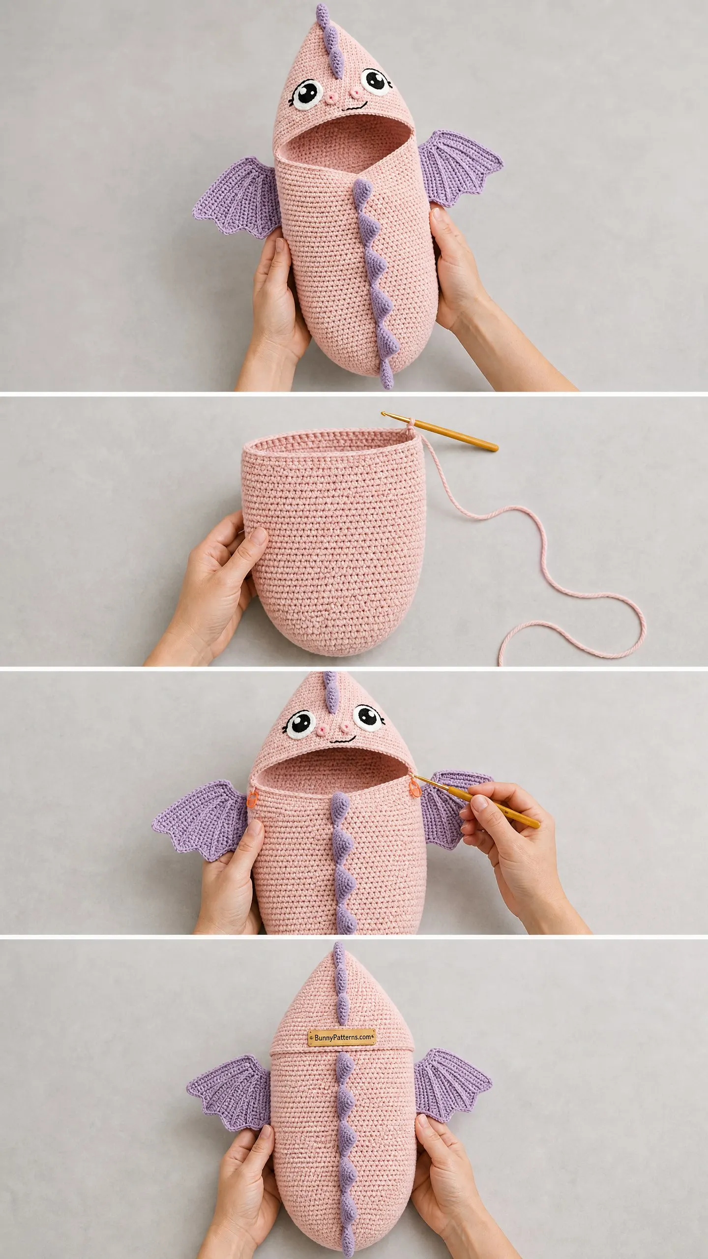 Rosa Drachen-Babypucktuch mit Kapuze häkeln
