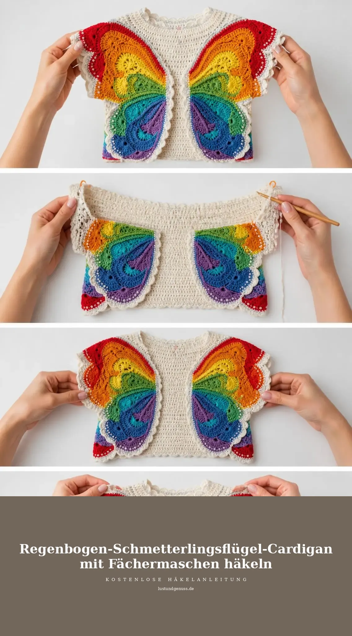 Regenbogen-Schmetterlingsflügel-Cardigan mit Fächermaschen häkeln