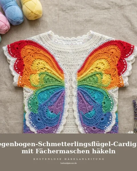 Regenbogen-Schmetterlingsflügel-Cardigan mit Fächermaschen häkeln