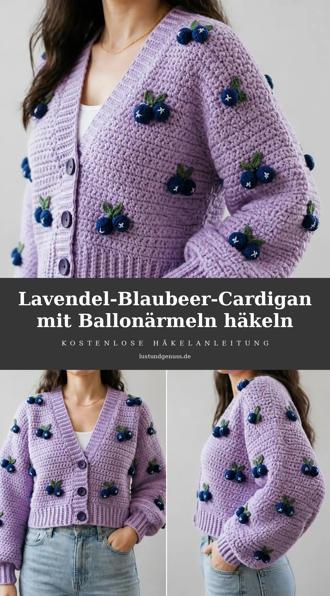Lavendel-Blaubeer-Cardigan mit Ballonärmeln häkeln