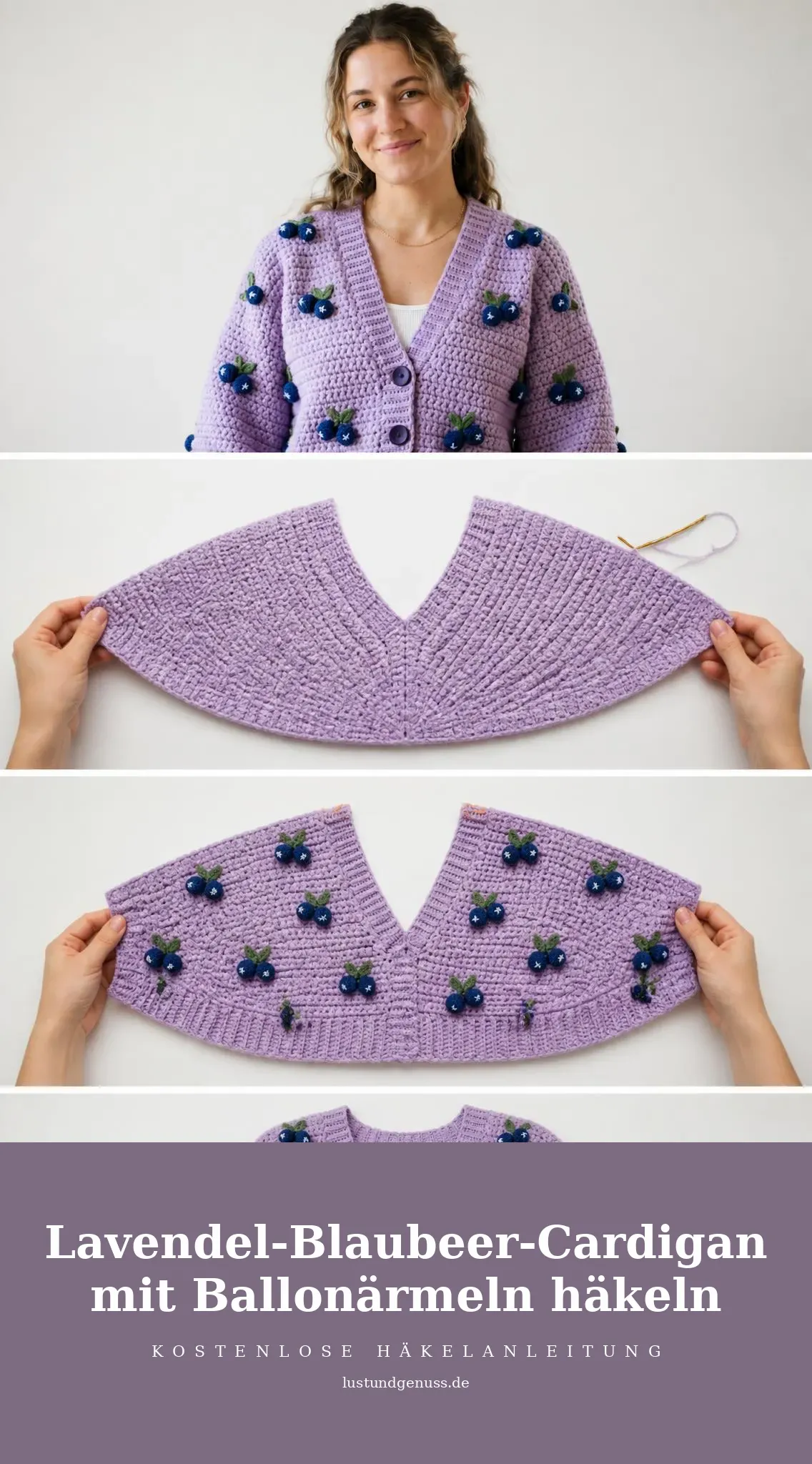 Lavendel-Blaubeer-Cardigan mit Ballonärmeln häkeln