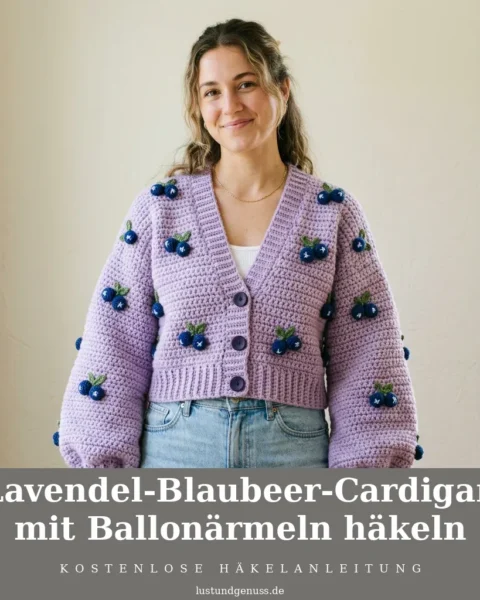 Lavendel-Blaubeer-Cardigan mit Ballonärmeln häkeln