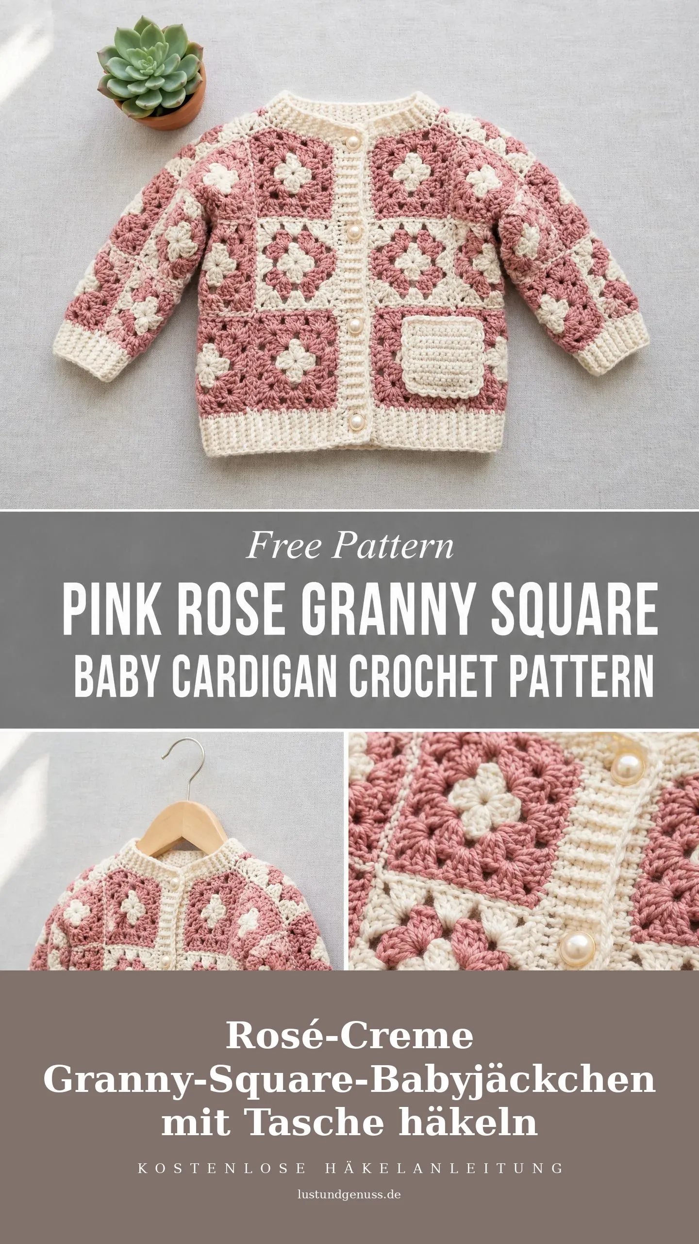 Rosé-Creme Granny-Square-Babyjäckchen mit Tasche häkeln