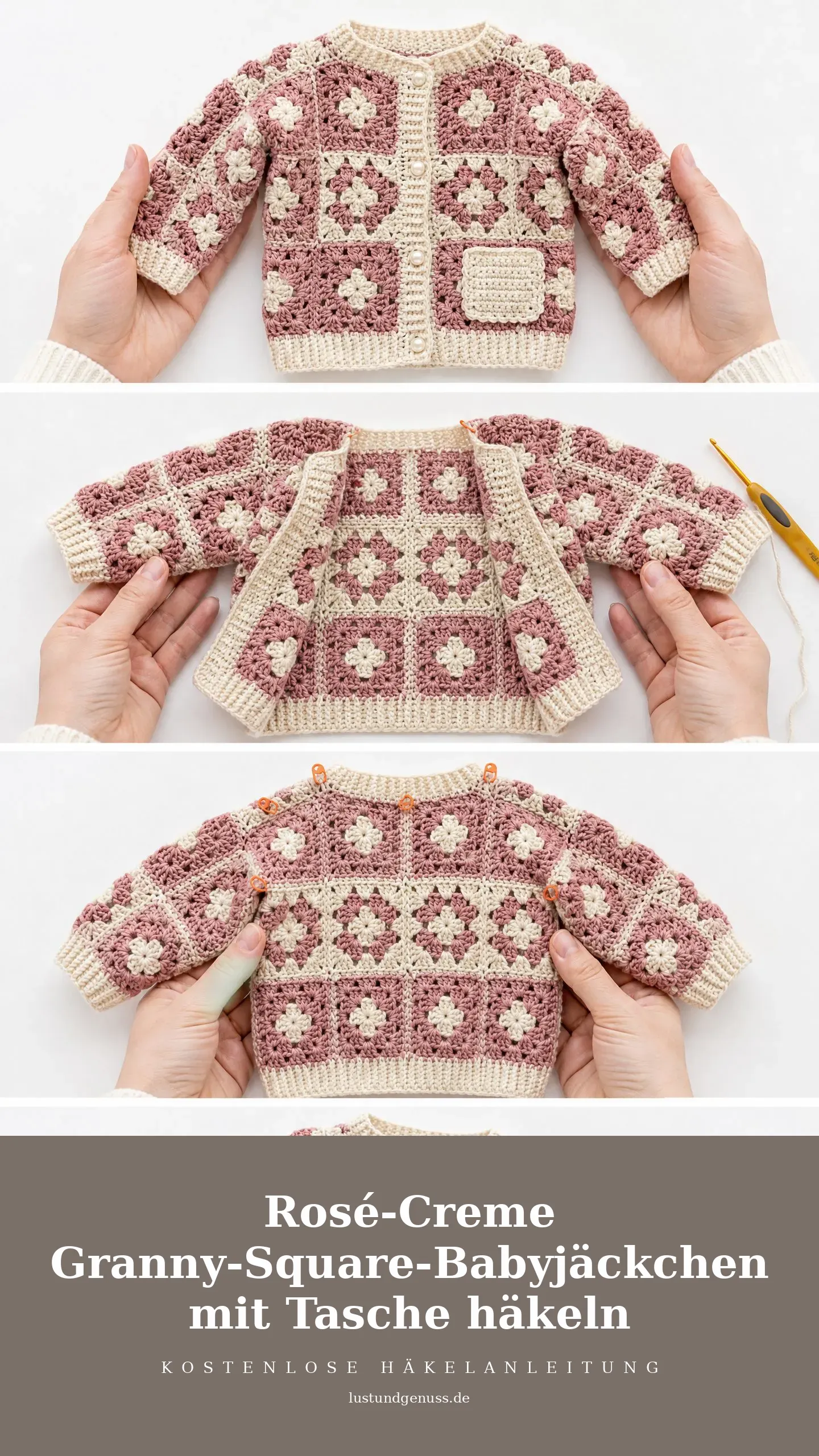 Rosé-Creme Granny-Square-Babyjäckchen mit Tasche häkeln