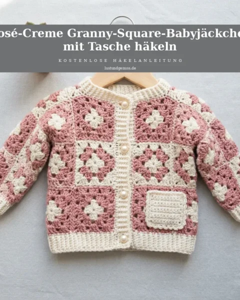 Rosé-Creme Granny-Square-Babyjäckchen mit Tasche häkeln