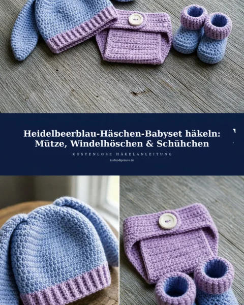 Heidelbeerblau-Häschen-Babyset häkeln: Mütze, Windelhöschen & Schühchen