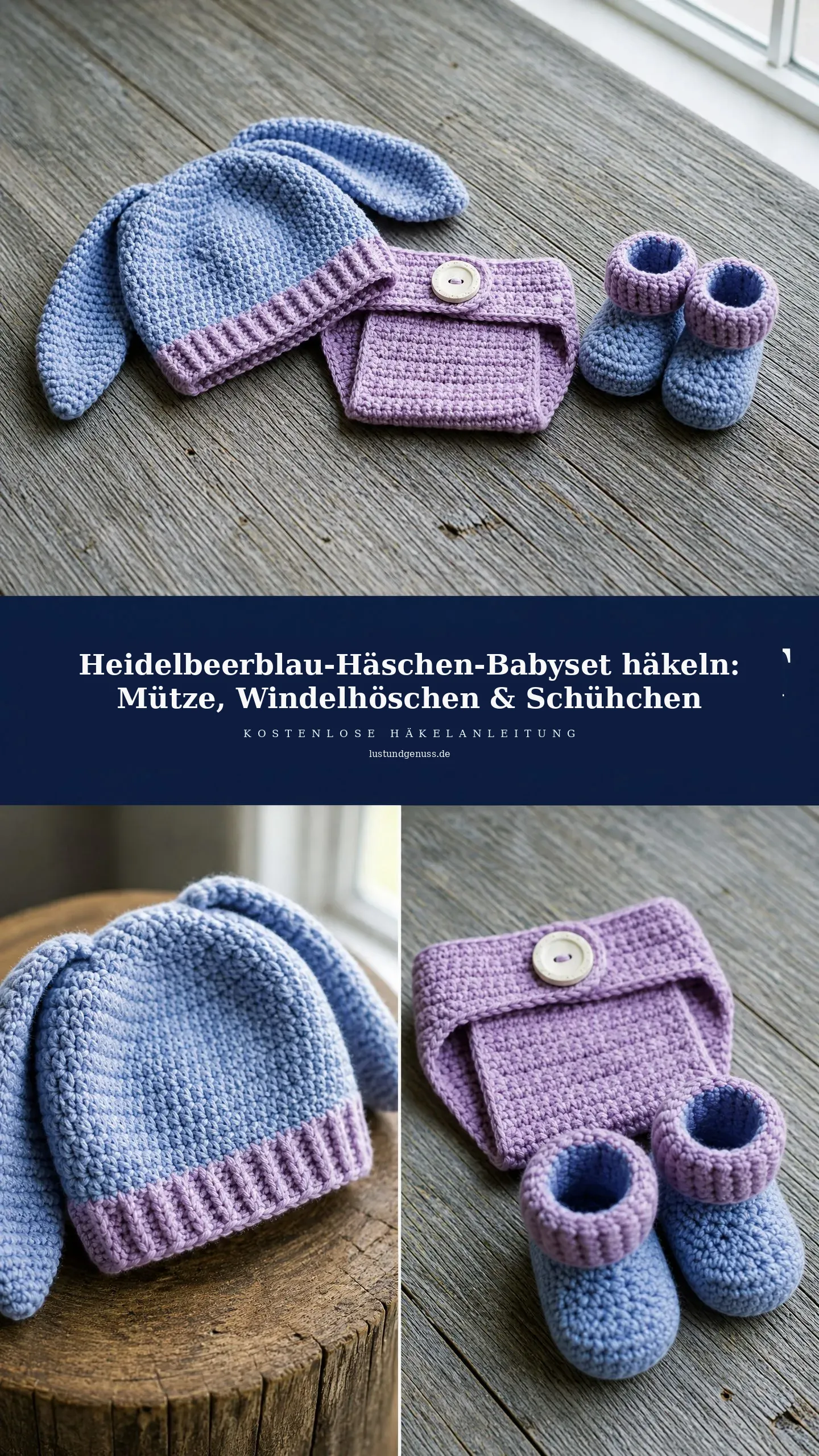 Heidelbeerblau-Häschen-Babyset häkeln: Mütze, Windelhöschen & Schühchen