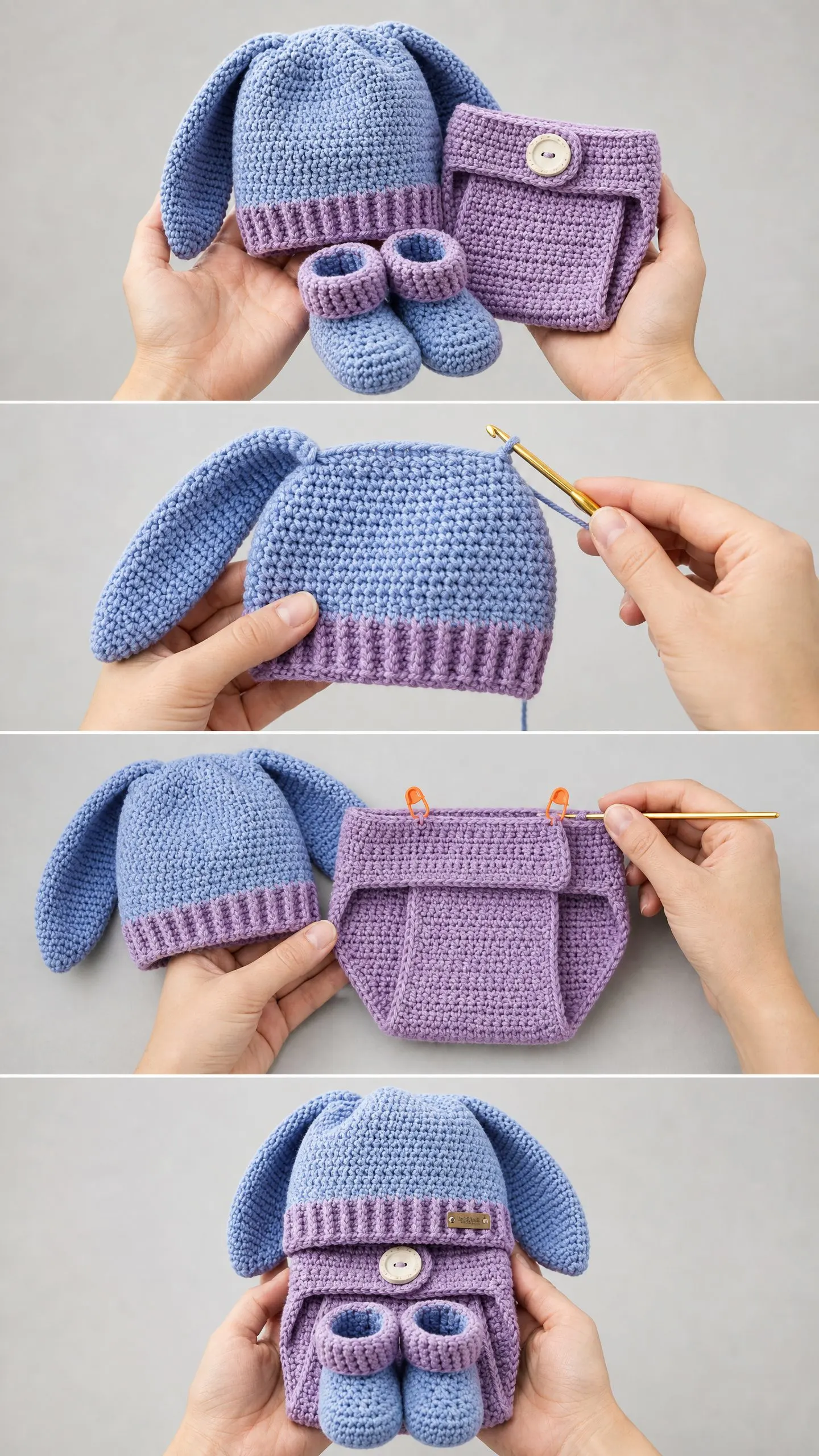 Heidelbeerblau-Häschen-Babyset häkeln: Mütze, Windelhöschen & Schühchen