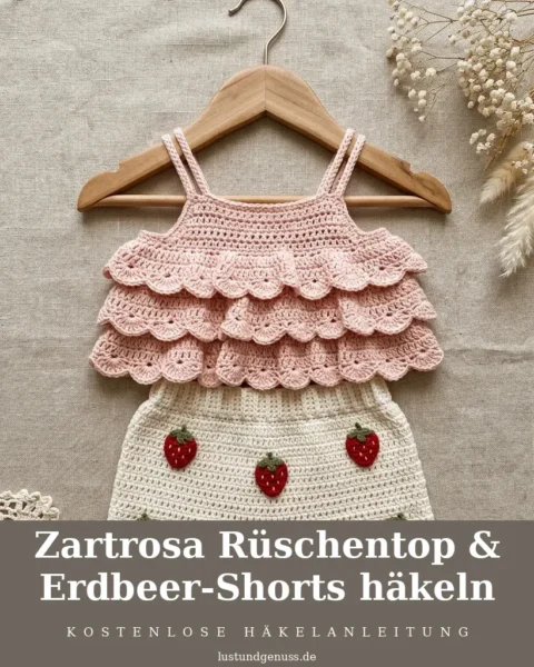 Zartrosa Rüschentop & Erdbeer-Shorts häkeln