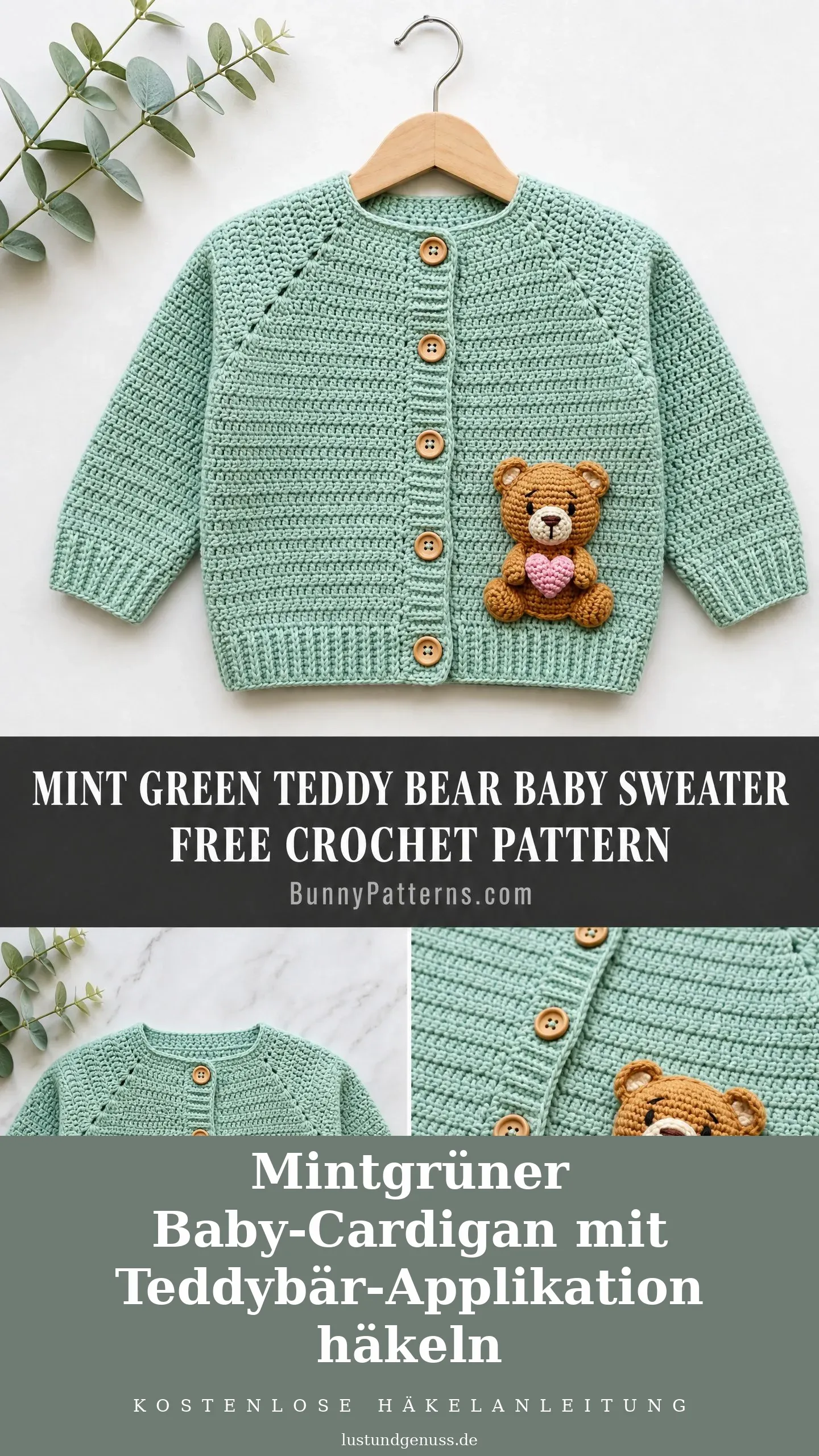 Mintgrüner Baby-Cardigan mit Teddybär-Applikation häkeln