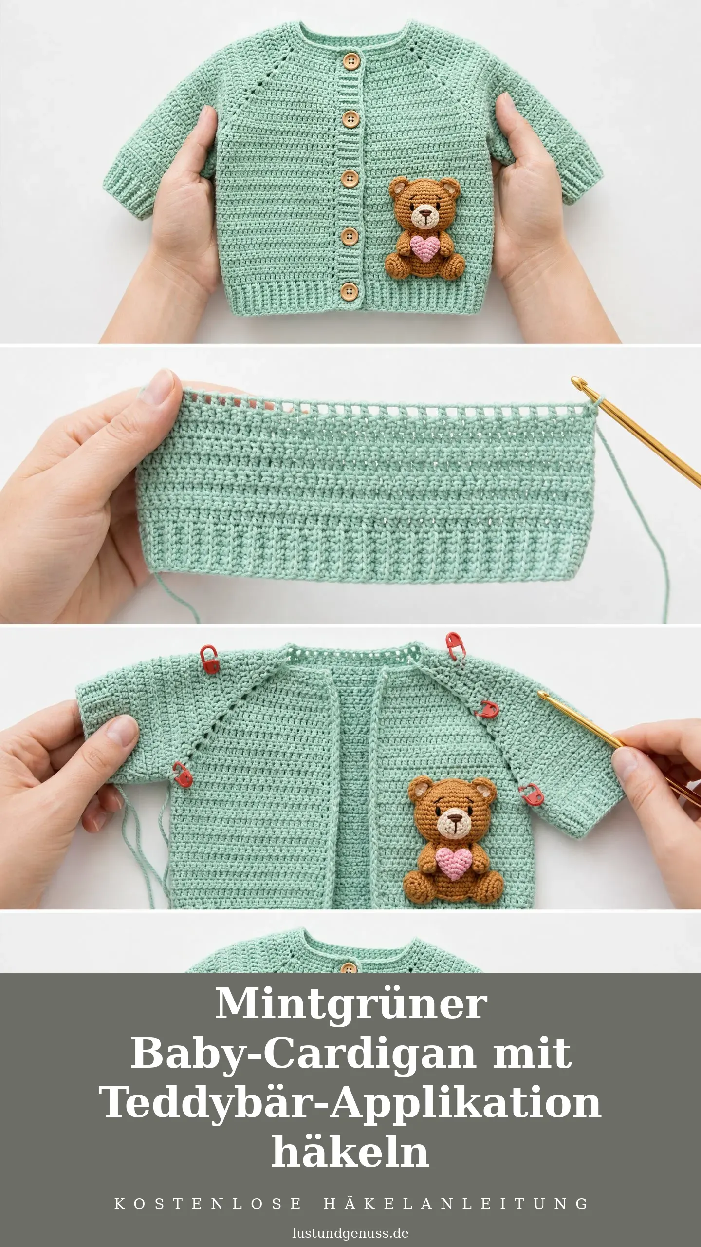 Mintgrüner Baby-Cardigan mit Teddybär-Applikation häkeln