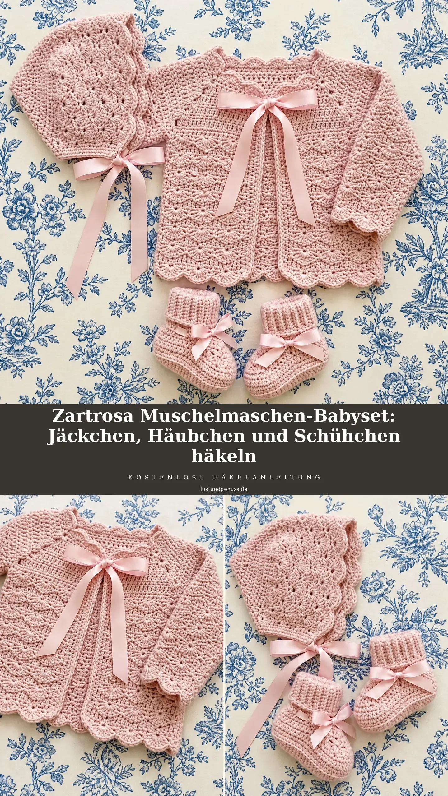 Zartrosa Muschelmaschen-Babyset: Jäckchen, Häubchen und Schühchen häkeln