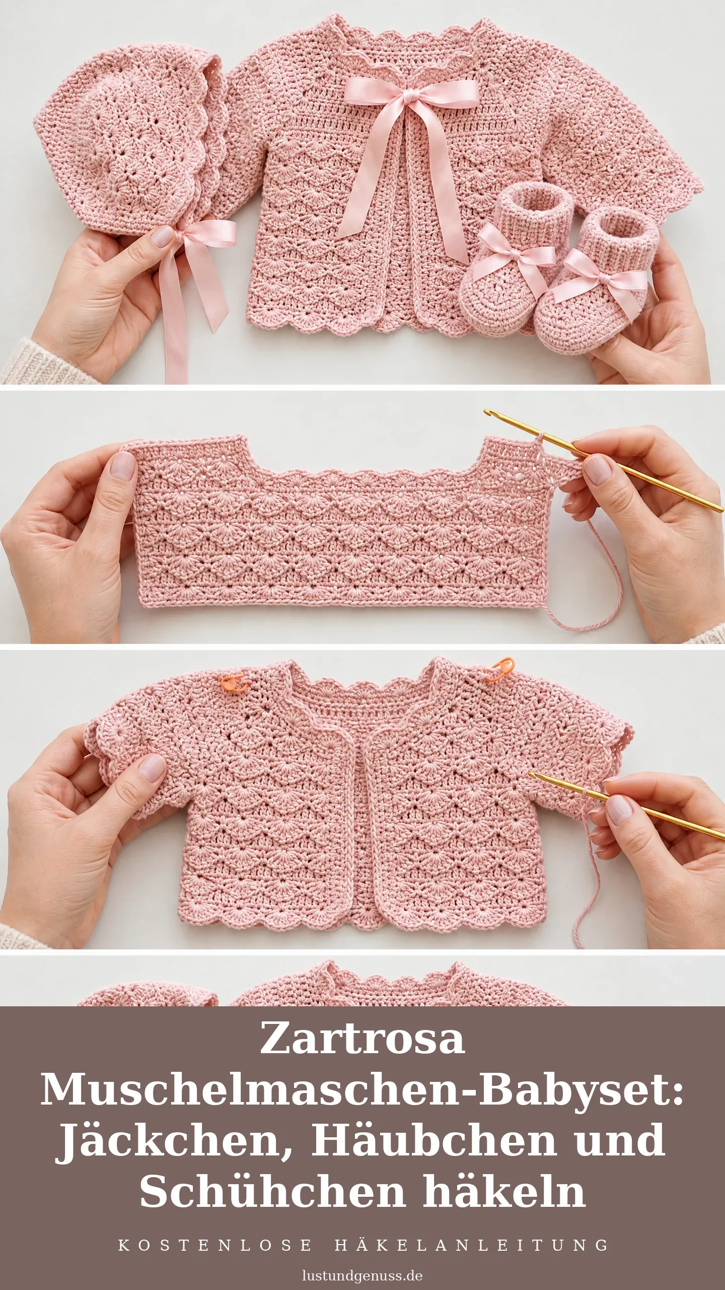 Zartrosa Muschelmaschen-Babyset: Jäckchen, Häubchen und Schühchen häkeln