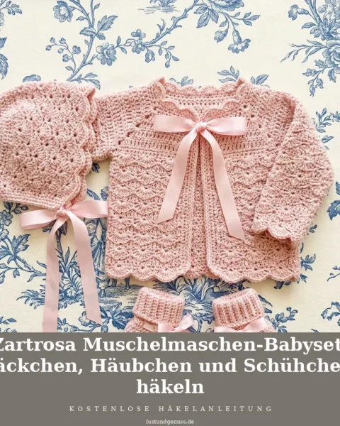 Zartrosa Muschelmaschen-Babyset: Jäckchen, Häubchen und Schühchen häkeln