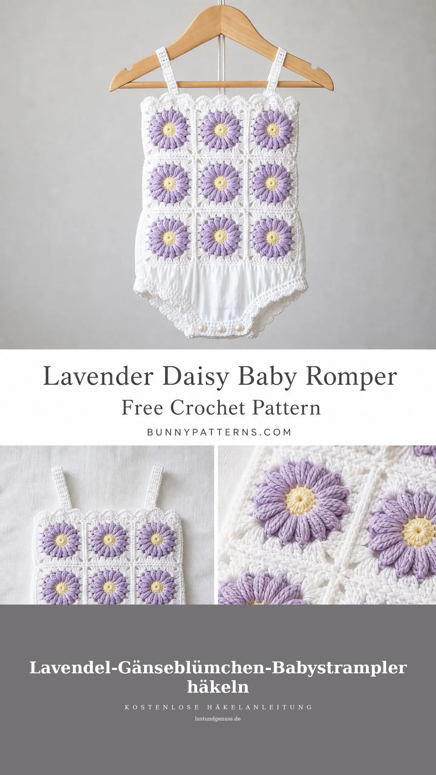 Lavendel-Gänseblümchen-Babystrampler häkeln
