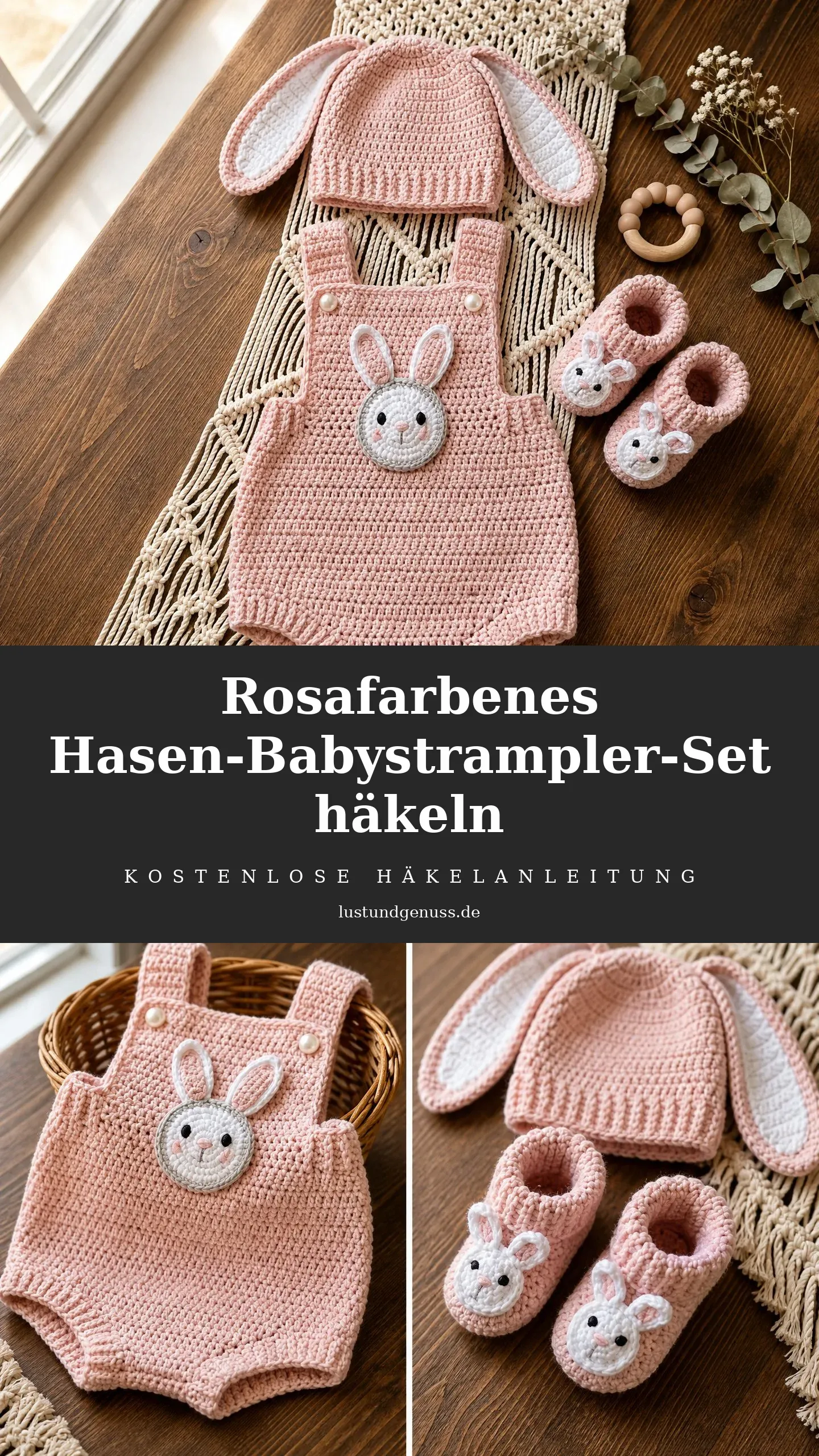 Rosafarbenes Hasen-Babystrampler-Set häkeln