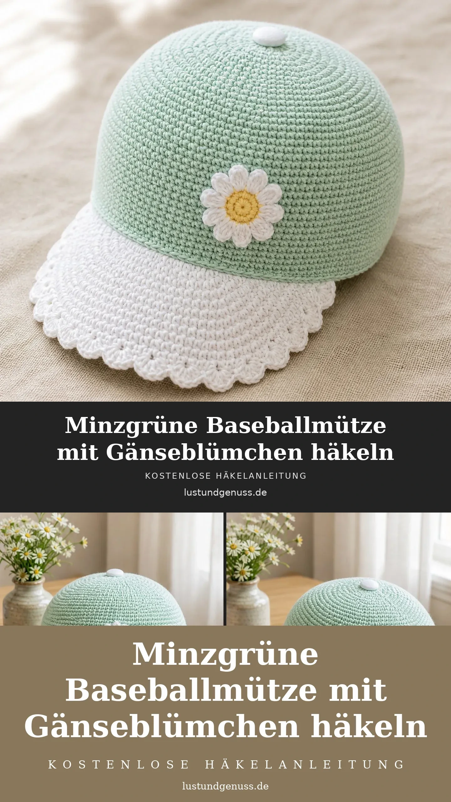 Minzgrüne Baseballmütze mit Gänseblümchen häkeln