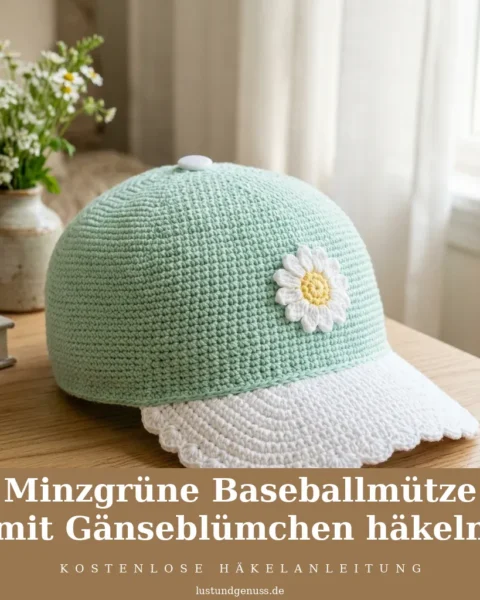 Minzgrüne Baseballmütze mit Gänseblümchen häkeln