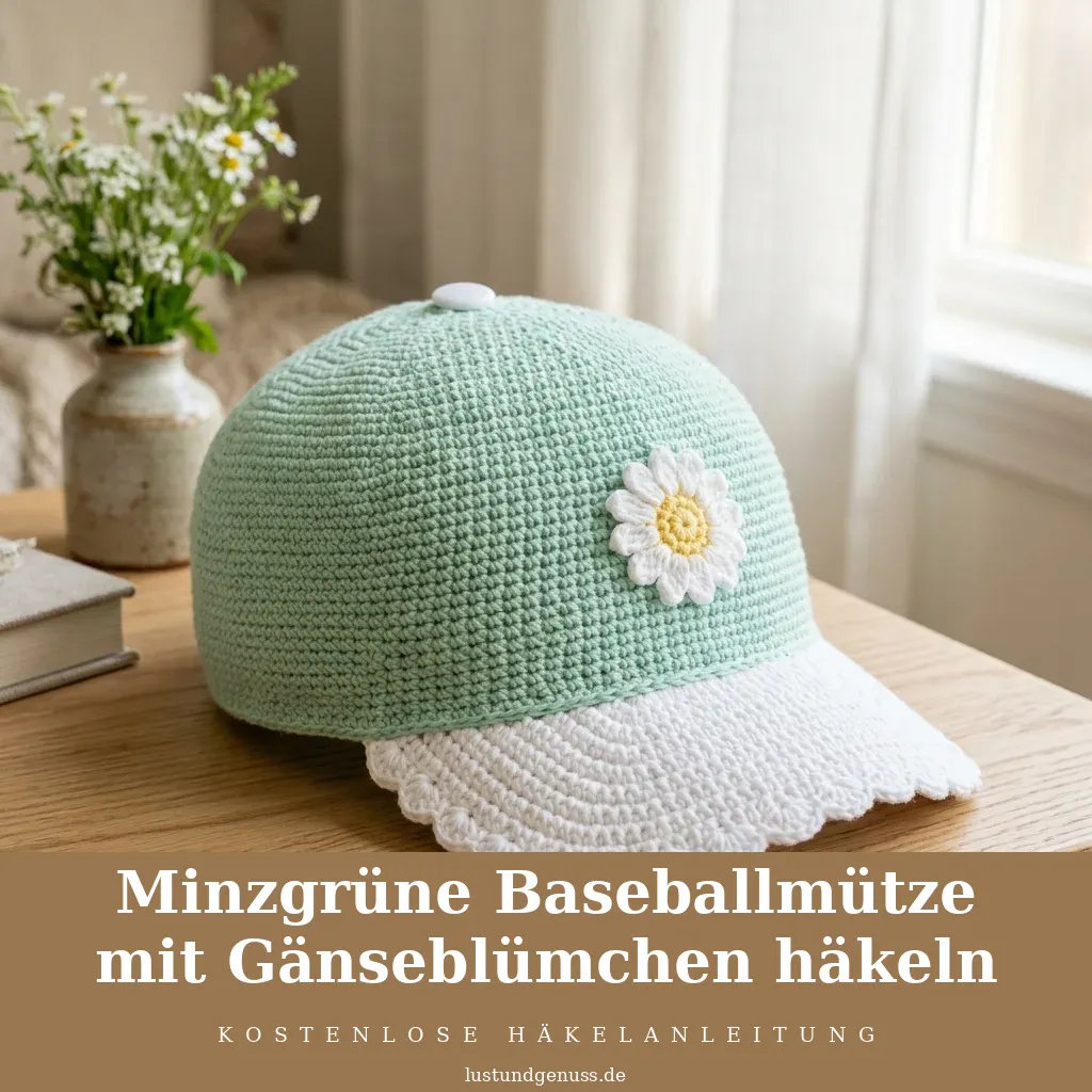 Minzgrüne Baseballmütze mit Gänseblümchen häkeln