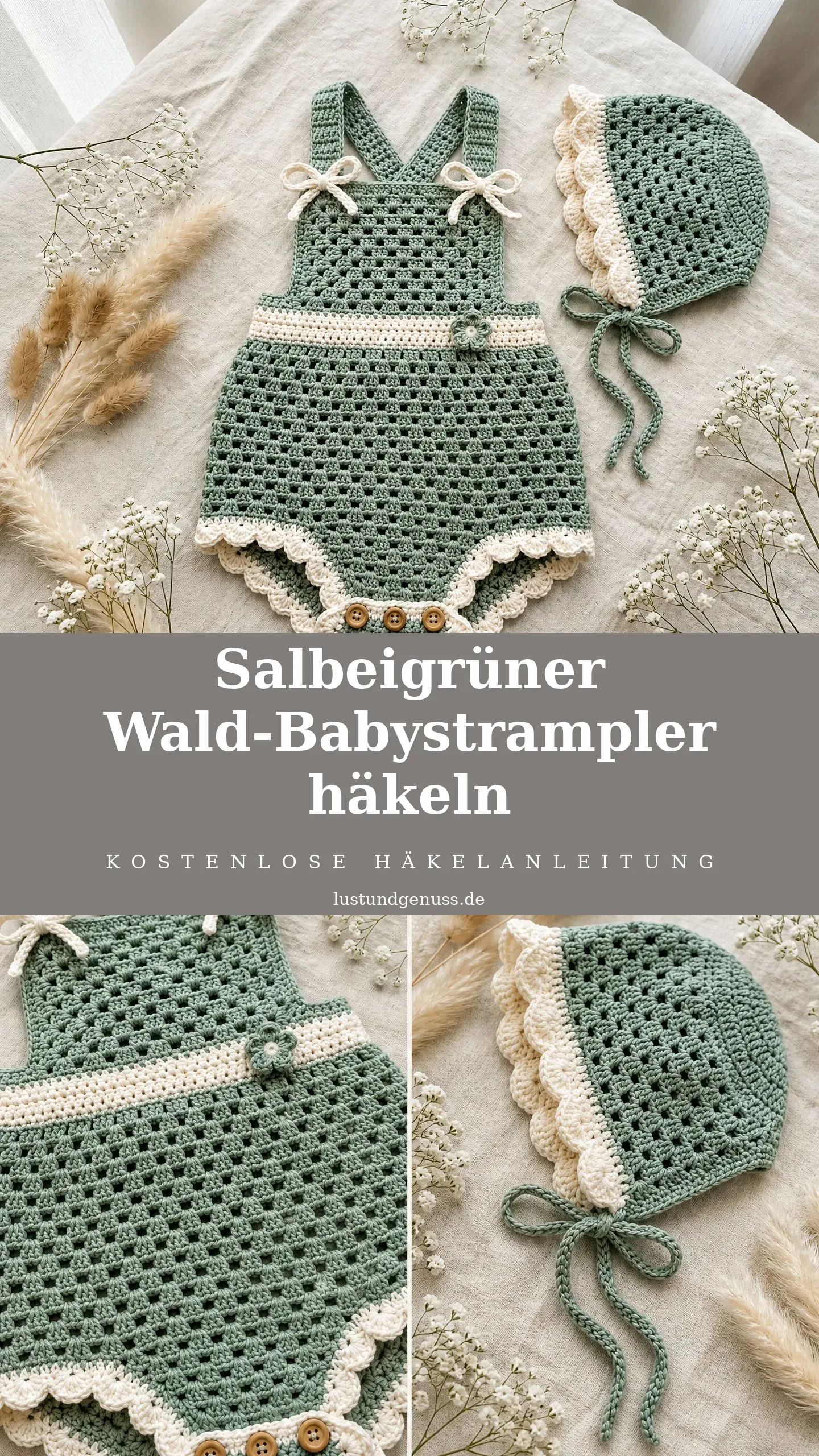 Salbeigrüner Wald-Babystrampler häkeln