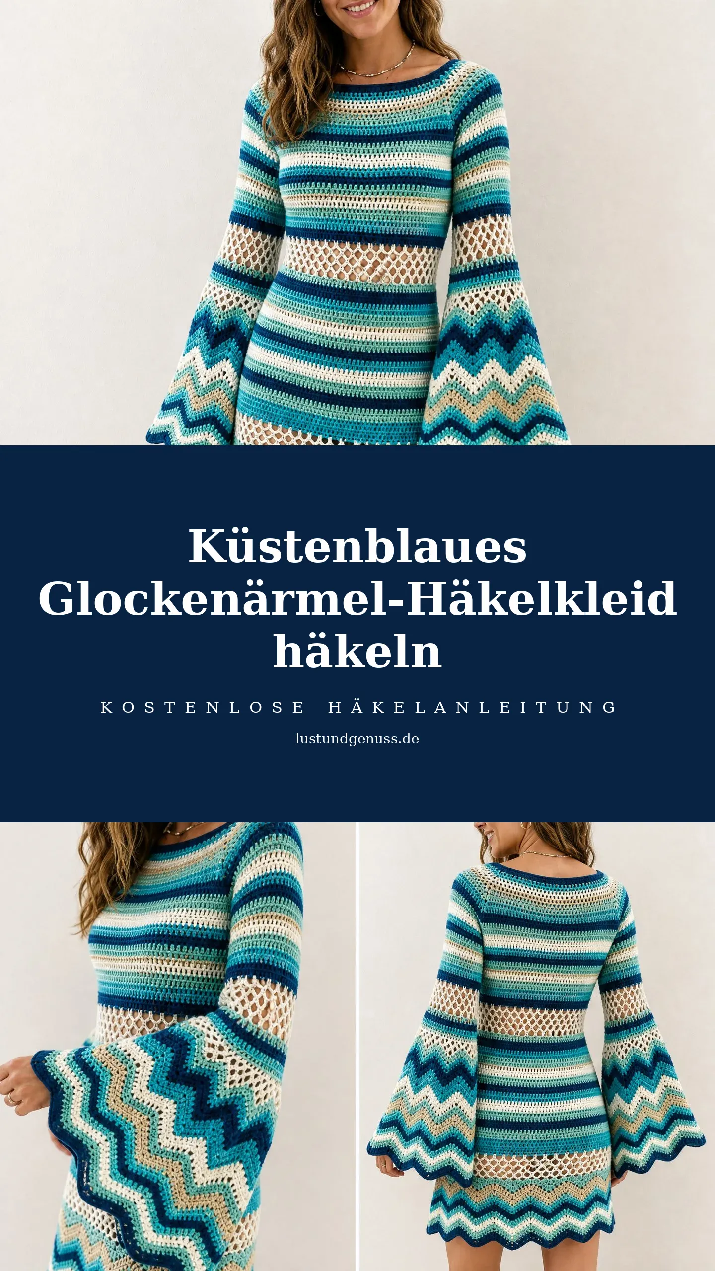 Küstenblaues Glockenärmel-Häkelkleid häkeln