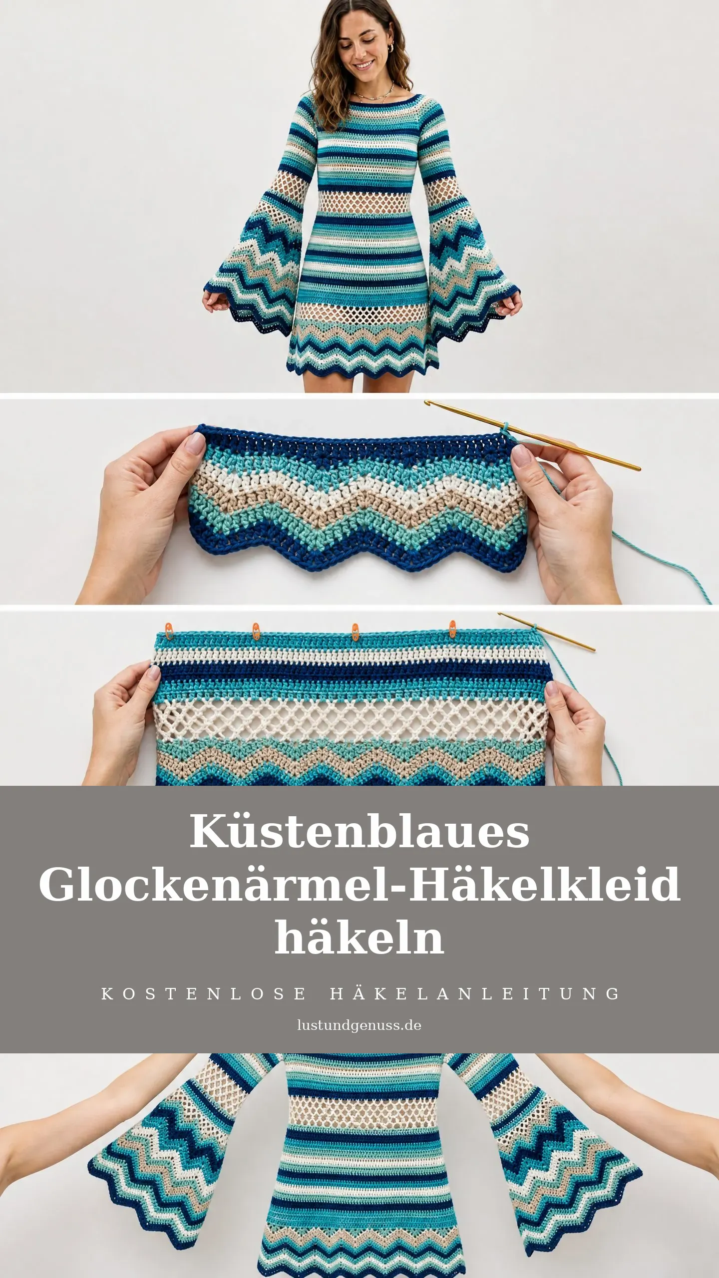 Küstenblaues Glockenärmel-Häkelkleid häkeln