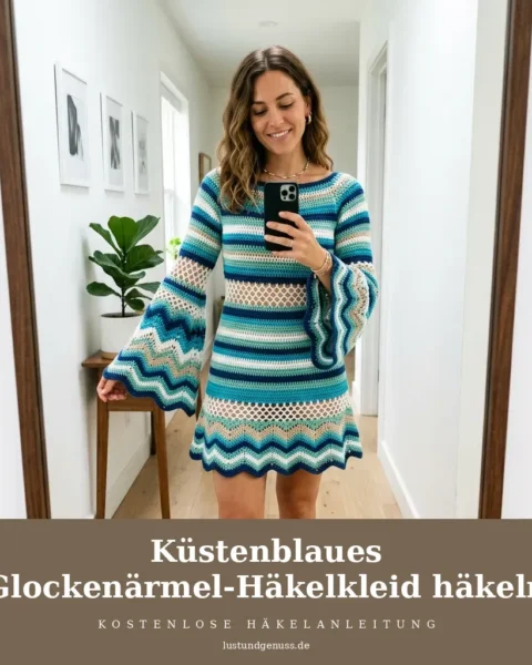 Küstenblaues Glockenärmel-Häkelkleid häkeln