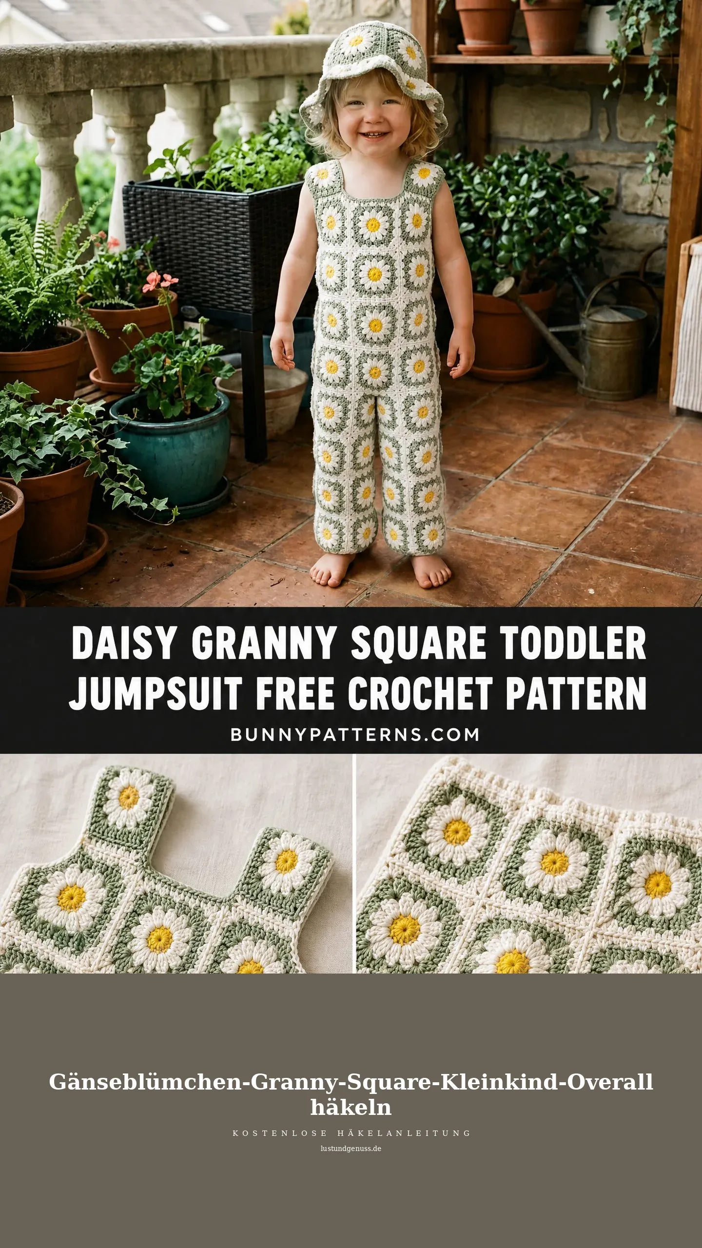 Gänseblümchen-Granny-Square-Kleinkind-Overall häkeln