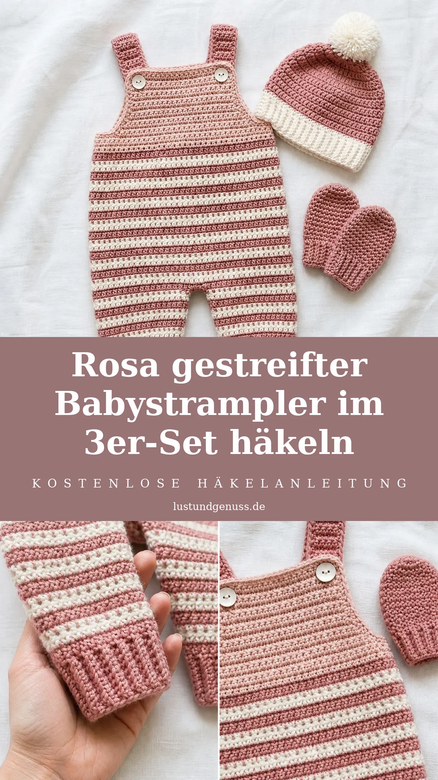 Rosa gestreifter Babystrampler im 3er-Set häkeln