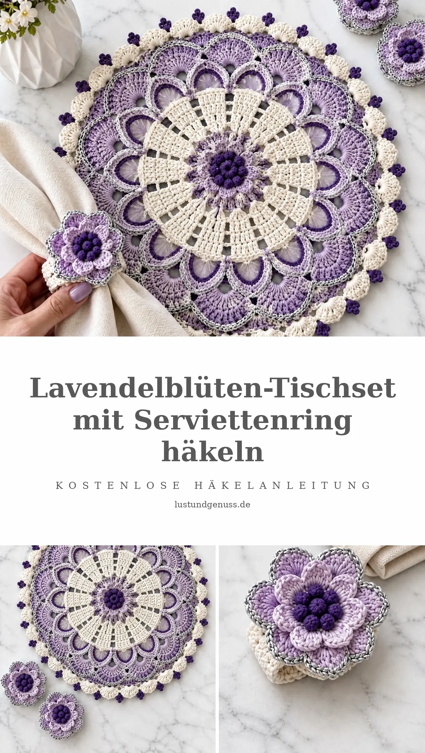 Lavendelblüten-Tischset mit Serviettenring häkeln