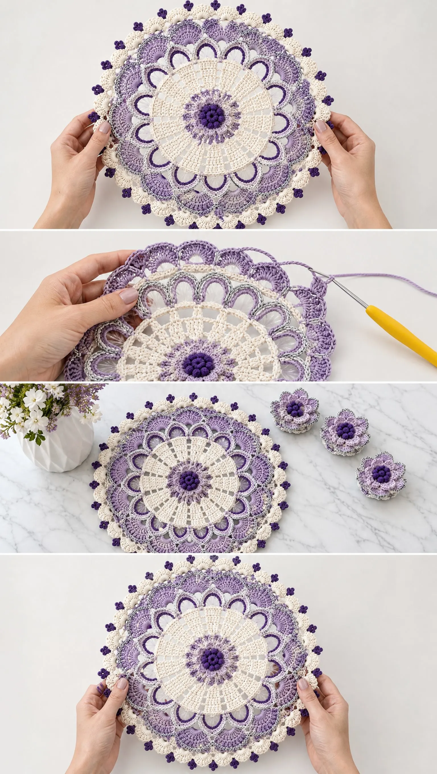 Lavendelblüten-Tischset mit Serviettenring häkeln