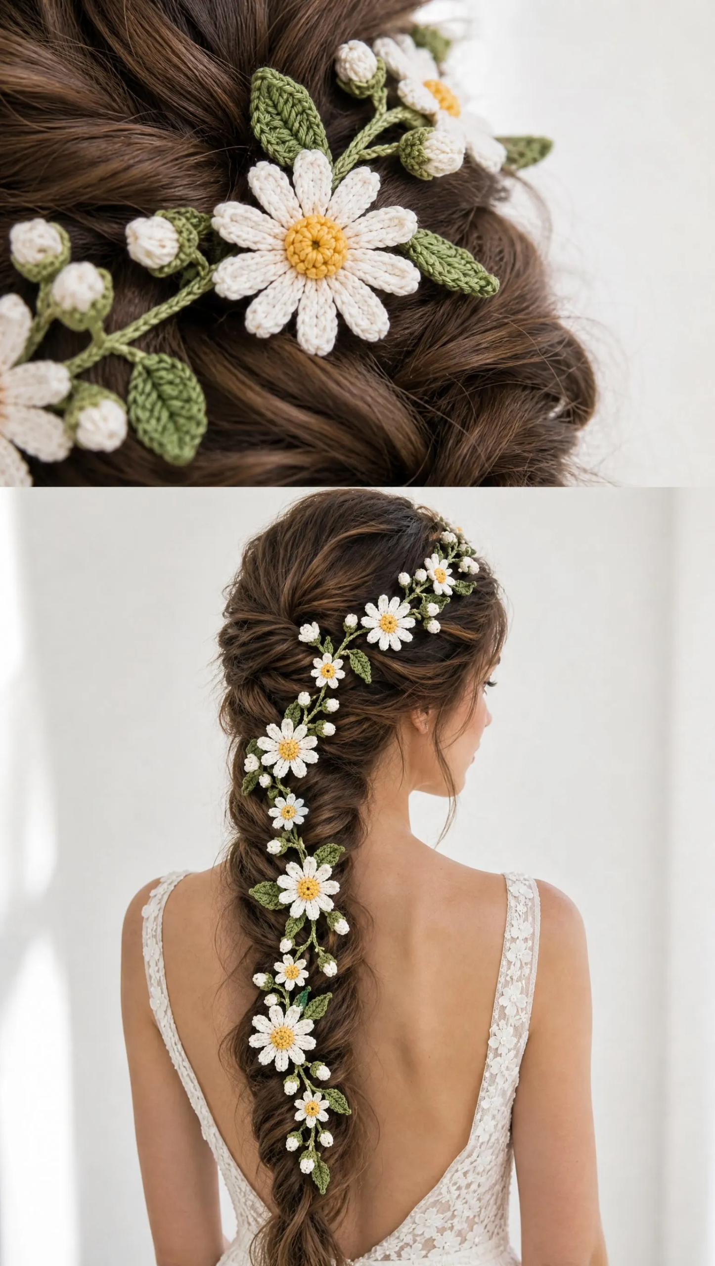 Gänseblümchen-Haarkette häkeln – Anleitung für Blumenschmuck im Haar
