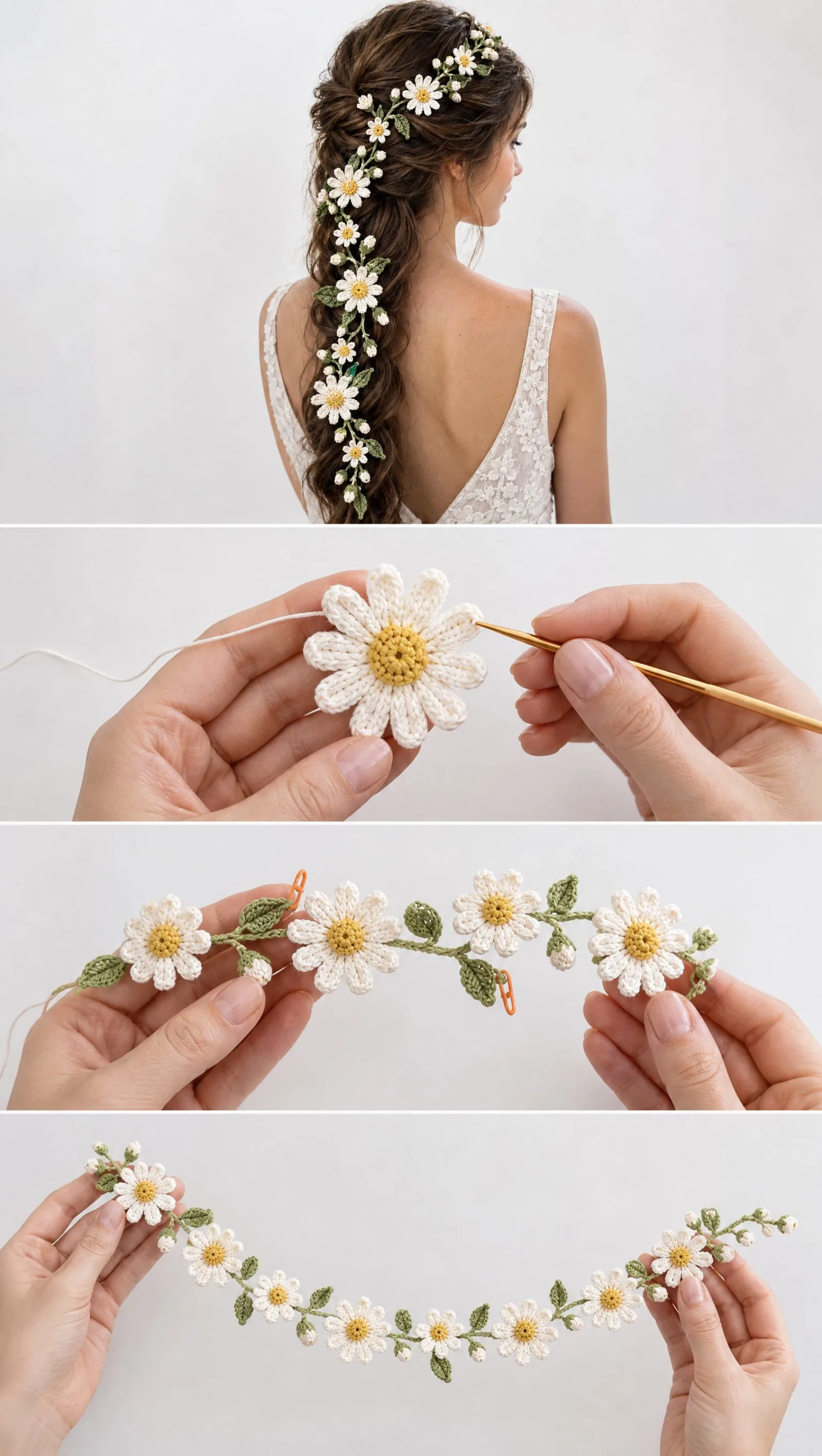 Gänseblümchen-Haarkette häkeln – Anleitung für Blumenschmuck im Haar