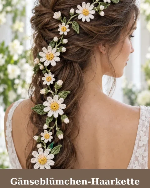 Gänseblümchen-Haarkette häkeln – Anleitung für Blumenschmuck im Haar