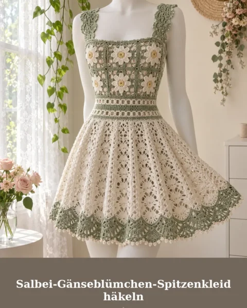 Salbei-Gänseblümchen-Spitzenkleid häkeln