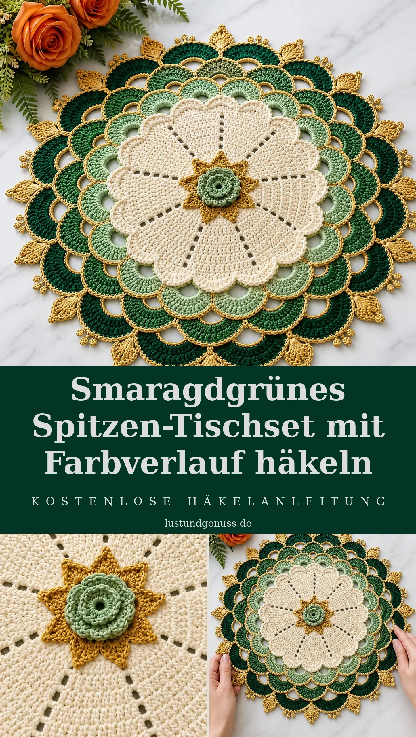 Smaragdgrünes Spitzen-Tischset mit Farbverlauf häkeln
