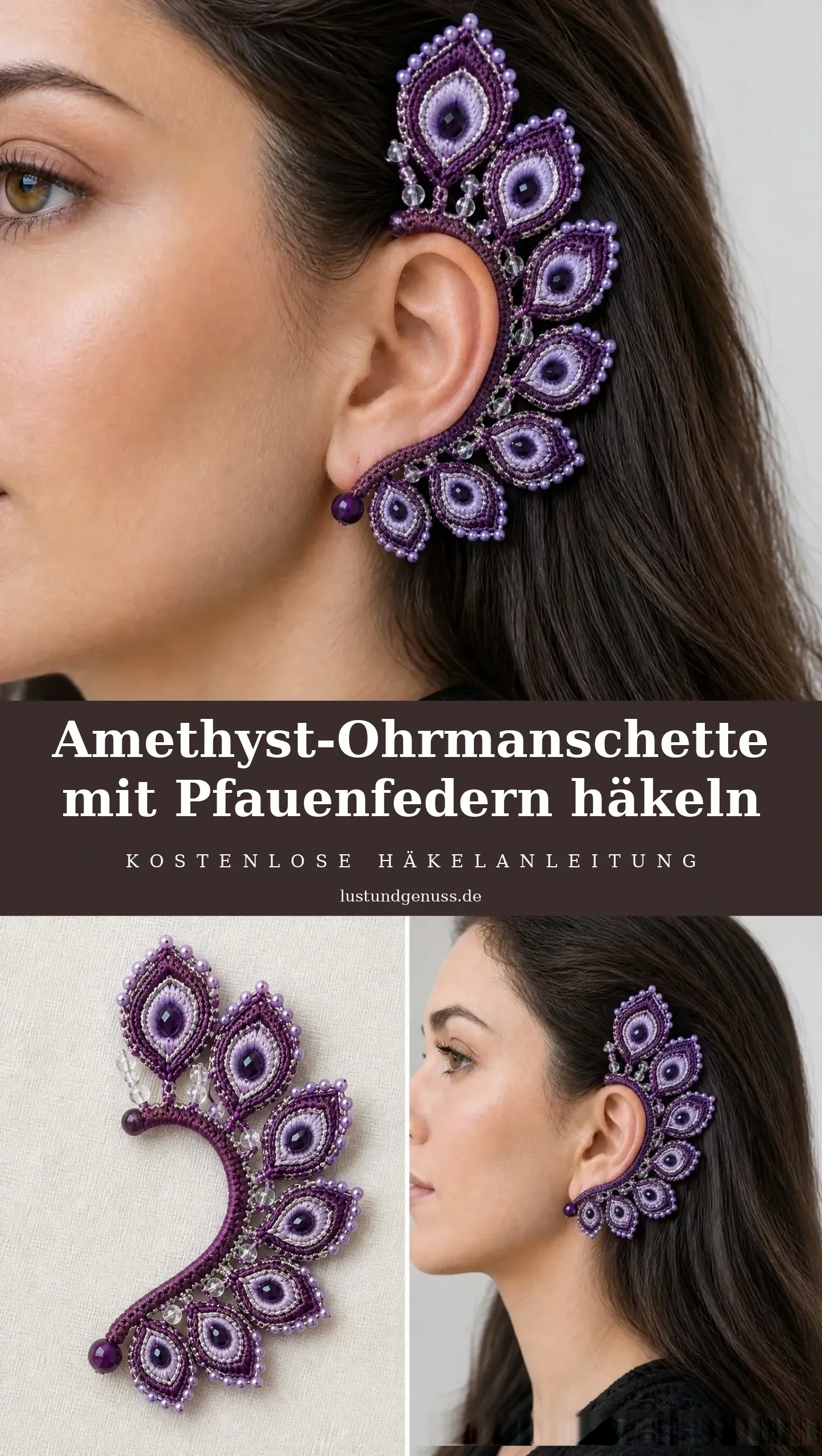 Amethyst-Ohrmanschette mit Pfauenfedern häkeln