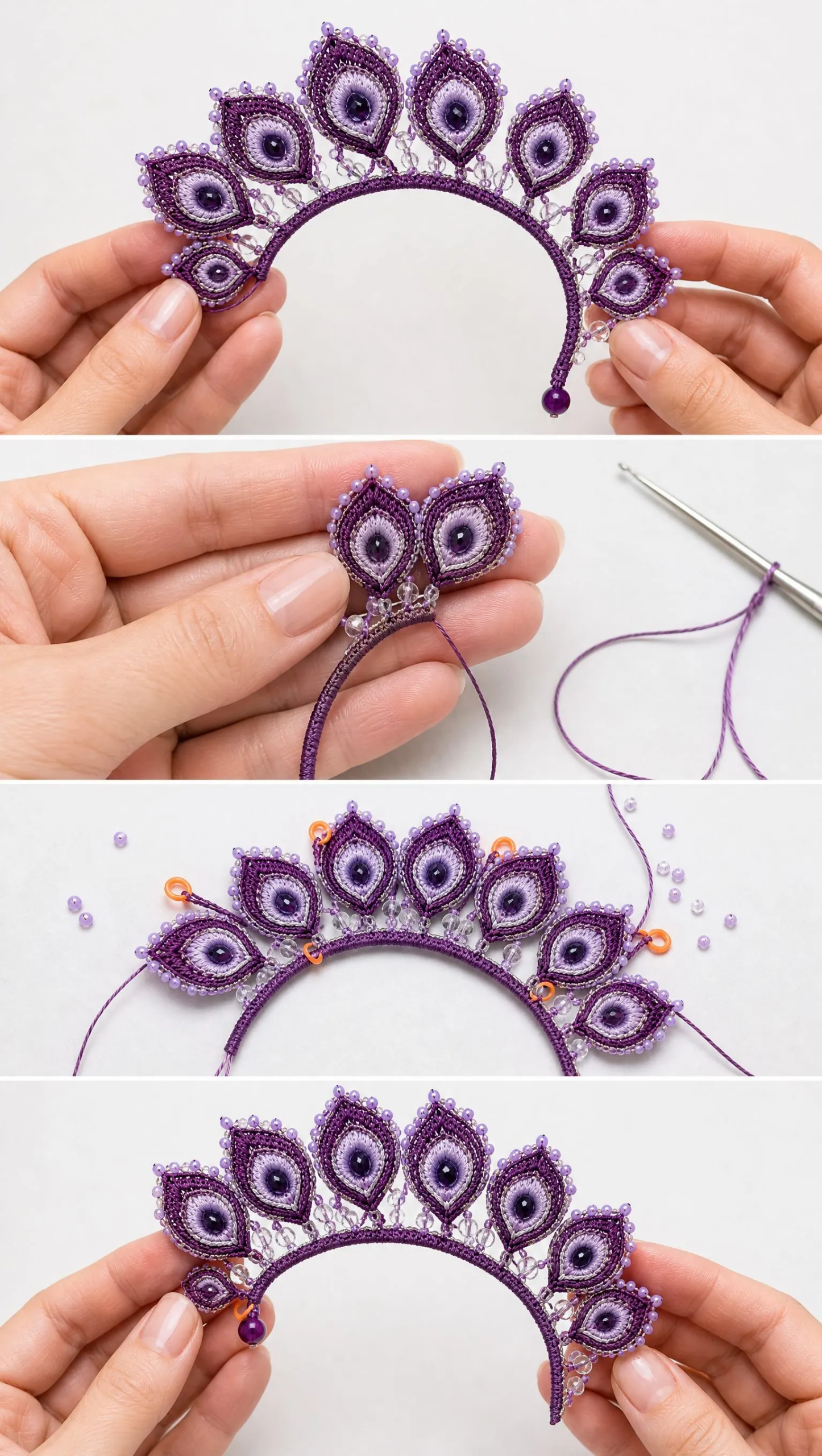 Amethyst-Ohrmanschette mit Pfauenfedern häkeln