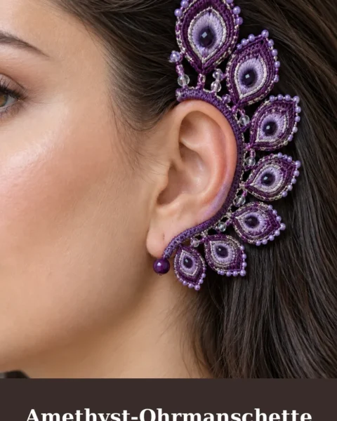 Amethyst-Ohrmanschette mit Pfauenfedern häkeln