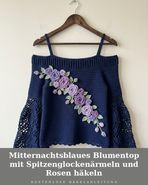 Mitternachtsblaues Blumentop mit Spitzenglockenärmeln und Rosen häkeln