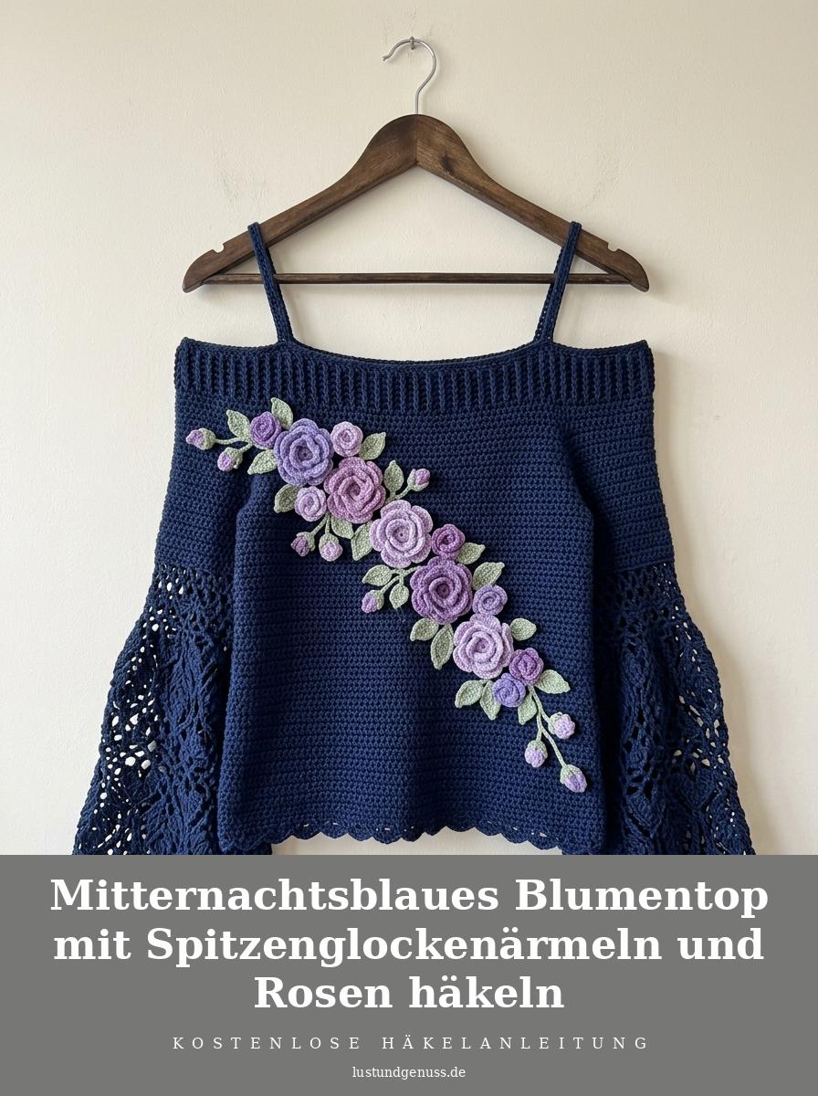 Mitternachtsblaues Blumentop mit Spitzenglockenärmeln und Rosen häkeln