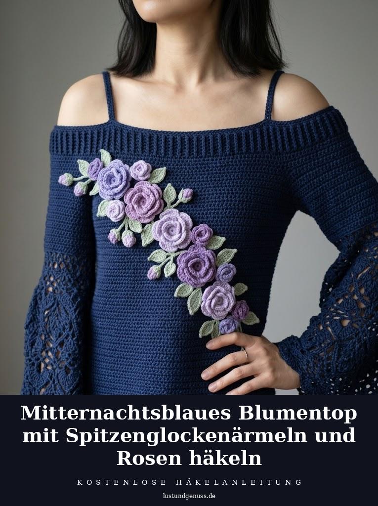 Mitternachtsblaues Blumentop mit Spitzenglockenärmeln und Rosen häkeln