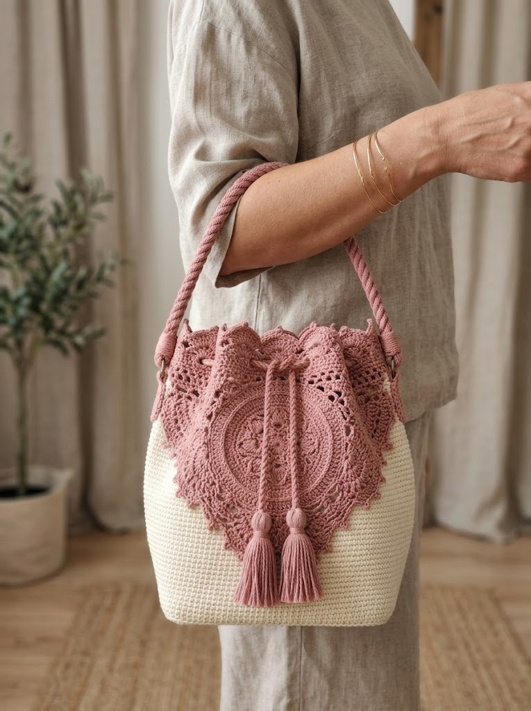 Bucket-Bag in Altrosa mit Blumen-Spitze häkeln
