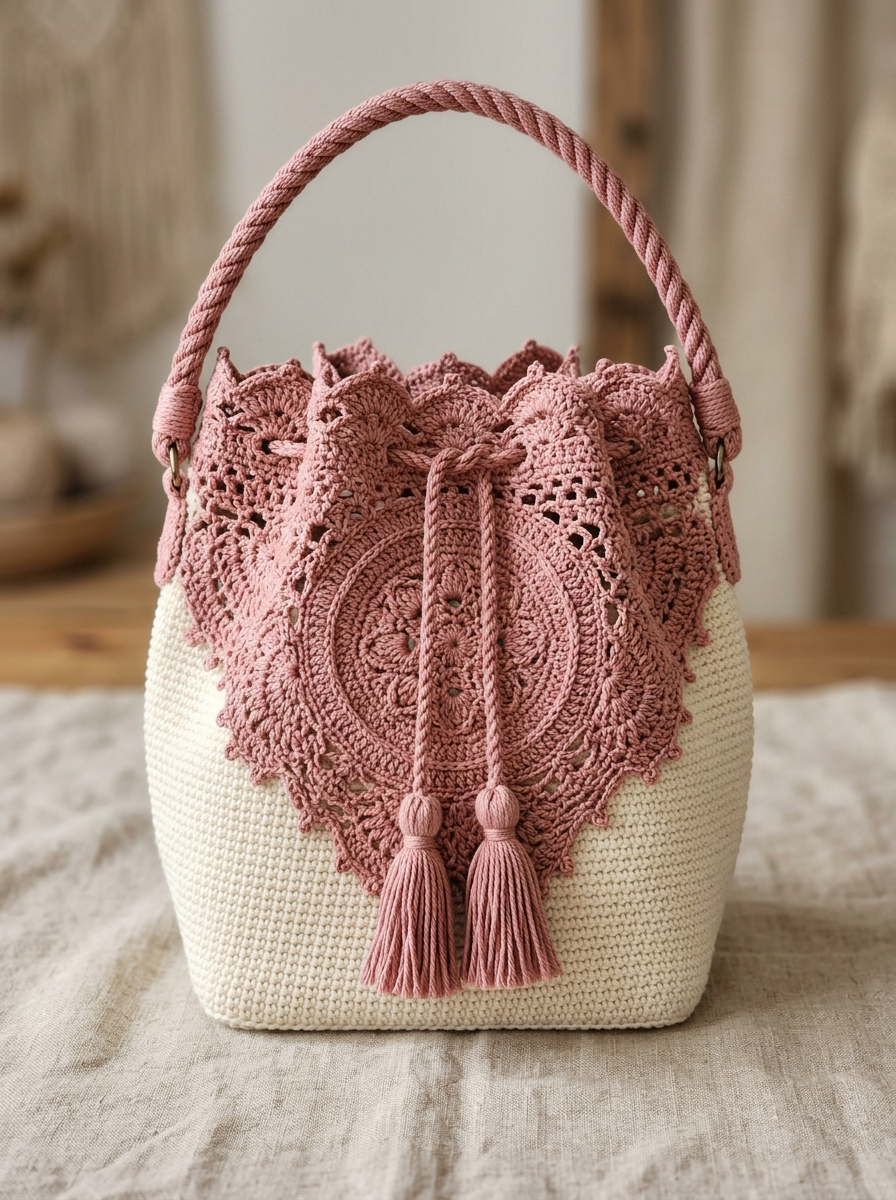 Bucket-Bag in Altrosa mit Blumen-Spitze häkeln