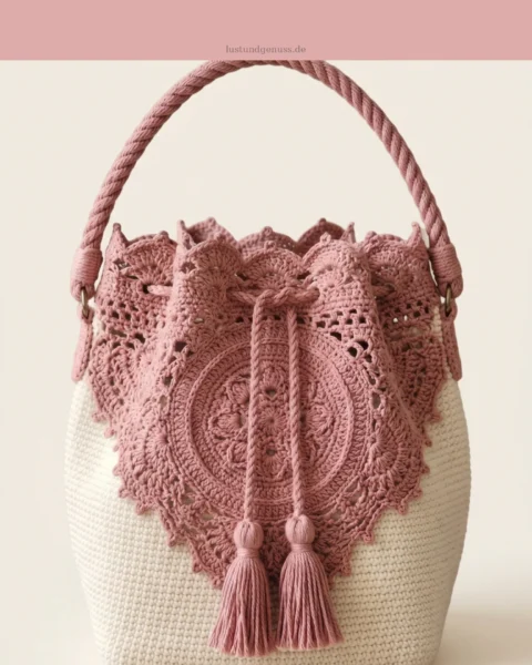 Bucket-Bag in Altrosa mit Blumen-Spitze häkeln