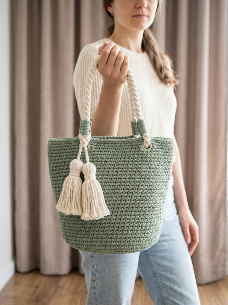 Sommer-Tote in Salbeigrün mit cremefarbenen Quasten häkeln