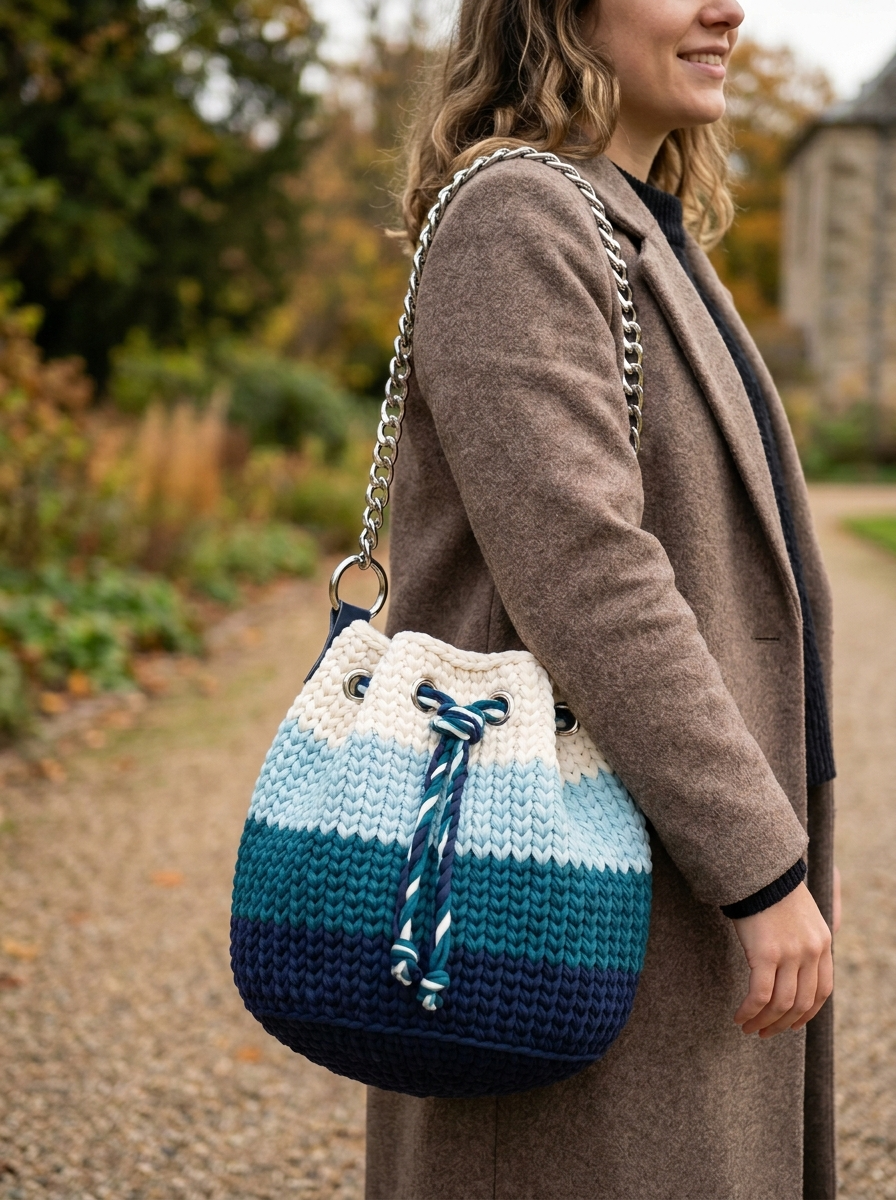 Ombre-Bucket-Bag in Ozeanblau mit Kordelzug häkeln