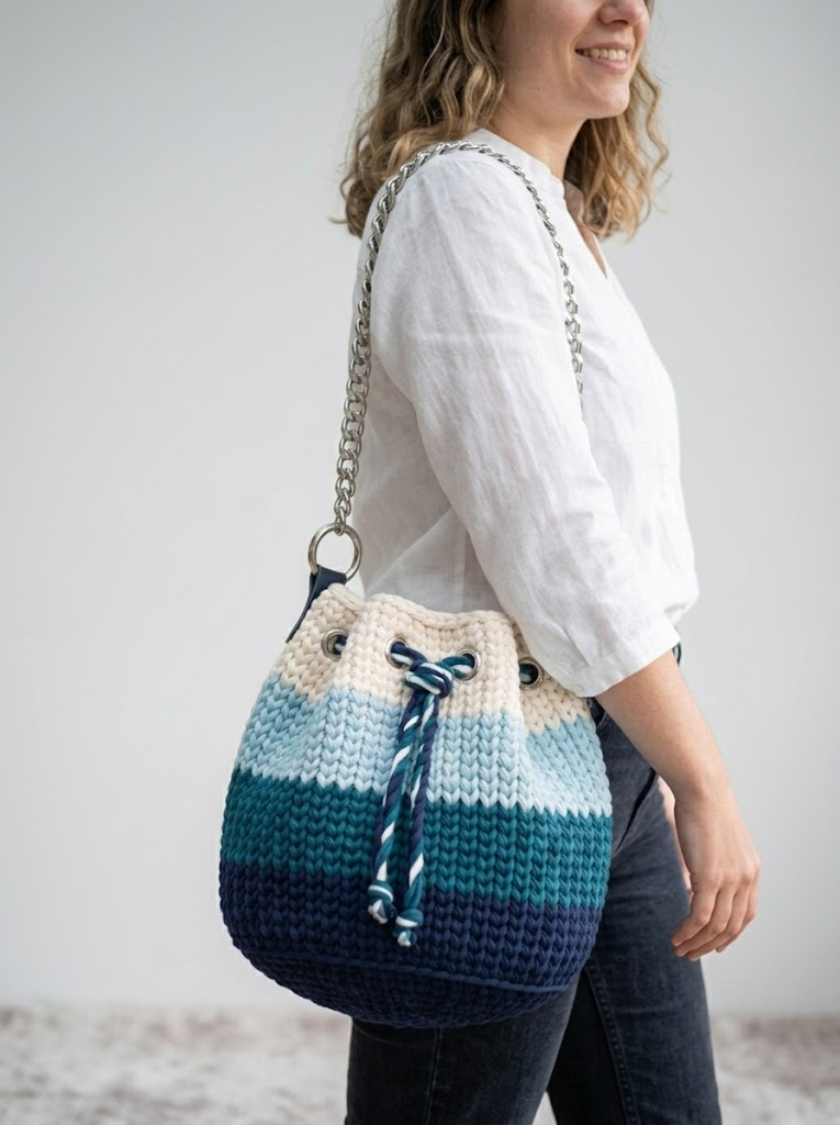 Ombre-Bucket-Bag in Ozeanblau mit Kordelzug häkeln