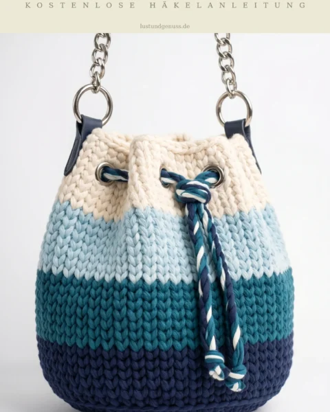 Ombre-Bucket-Bag in Ozeanblau mit Kordelzug häkeln