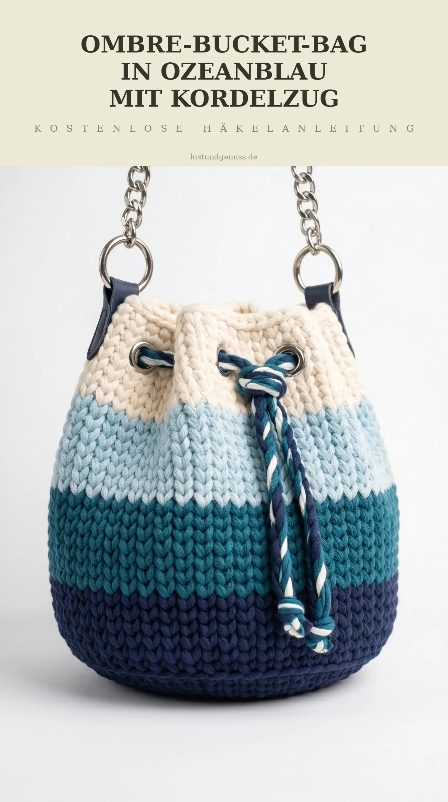 Ombre-Bucket-Bag in Ozeanblau mit Kordelzug häkeln